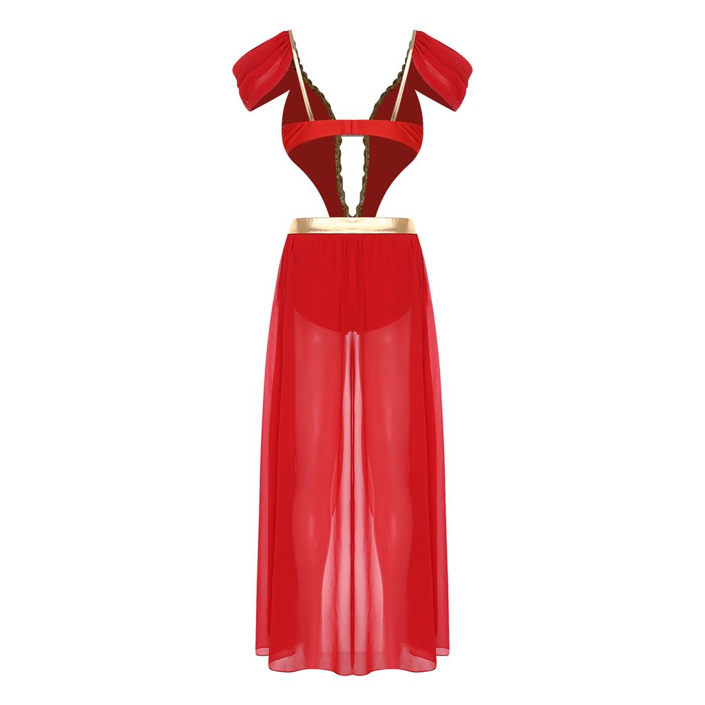 Ladies India Dance Costume S-3XL Sequin Tassel Bodysuit Dress V Neck Cutout Open Front Chiffon Hem with Built-in Shorts for Belly Dance