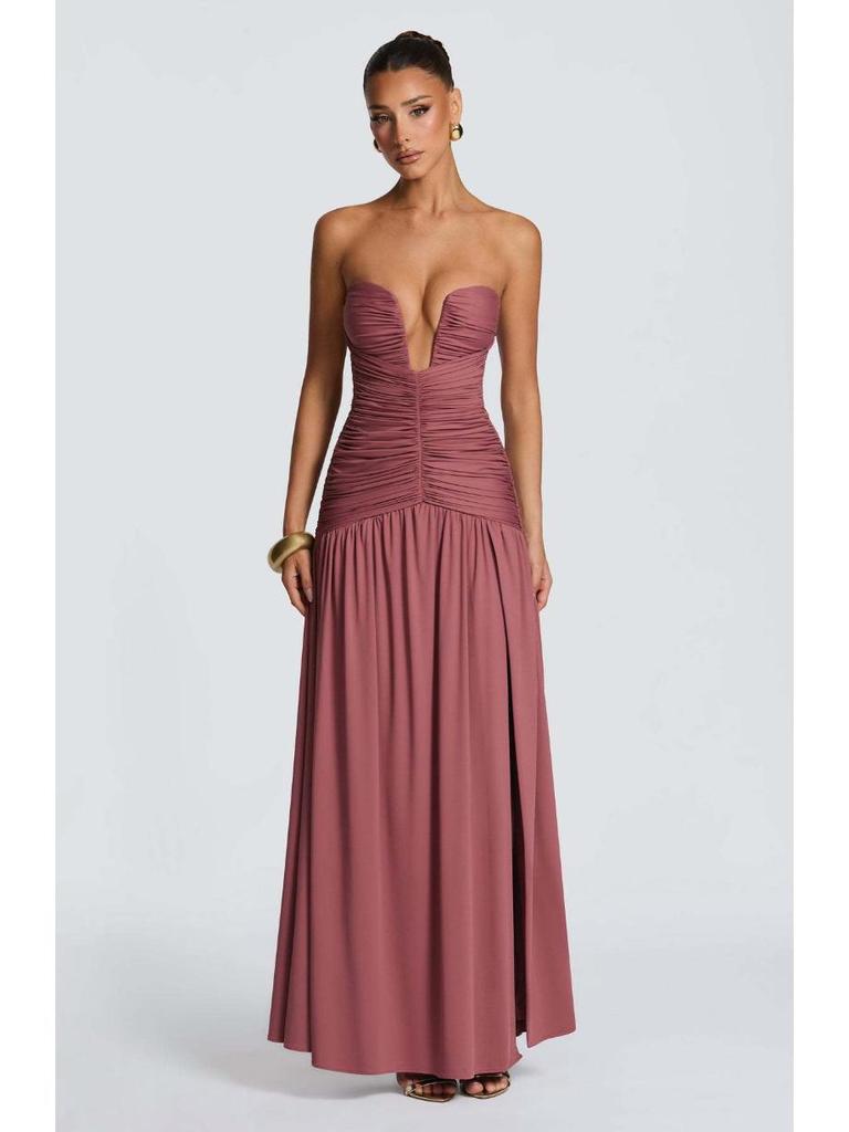 European-Style Strapless Pleated High-Slit Open-Back Evening Gown