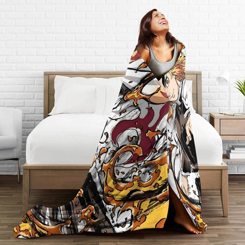 Demons Rengoku Kyoujurou Slayers Flannel Throw Blankets Flame Hashira Throws Knitted Blanket Outdoor Lightweight Thin Portable