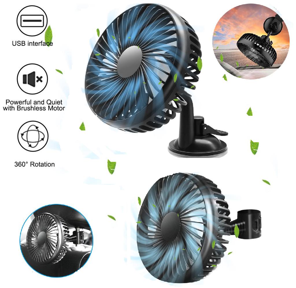 12V/24V Mini Car Fan ABS Black Auto Single Head Fan USB Universal Car Fan Suction Cup Car Seat Back Fan 360 ° Cooling Fan