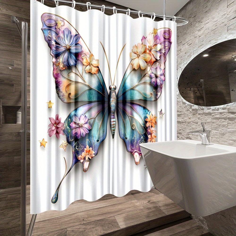 1Pc Butterfly Floral Shower Curtain - Elegant Nature Design With Vibrant Butterfly & Floral Pattern, Durable Polyester Fabric,