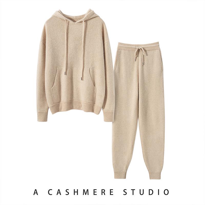 Women's Loose Fit Hooded Cashmere Sweater Set - 2026 Autumn/Winter Solid Color Gentle Style Base Layer.