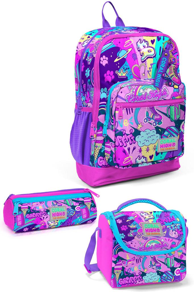 coral high Kids Graffiti Patterned 3-Piece School Bag Set SET0123760