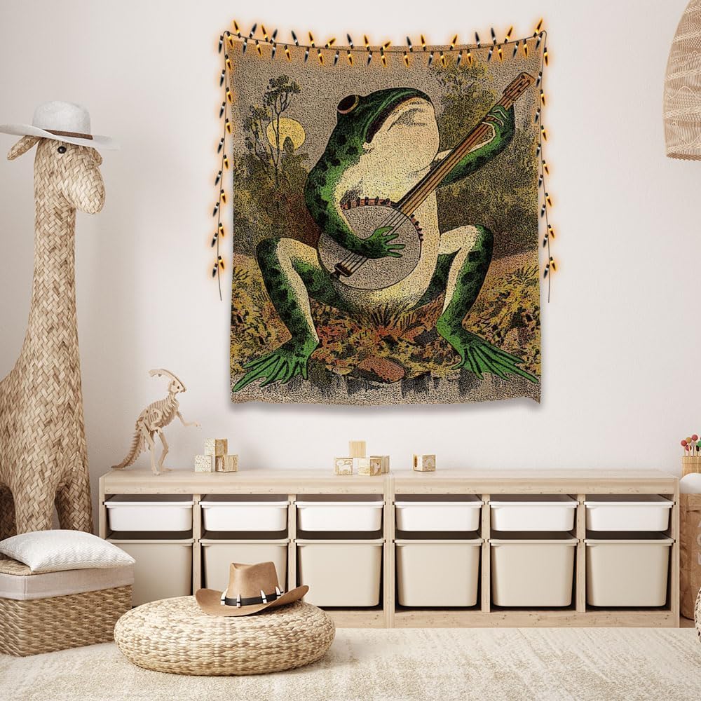 Hannahcos Boho Wall Decor Orange Frog Tapestry, Vintage Frog Playing Banjo Aesthetic Wall Hanging For Bedroom, Living Room & Dor