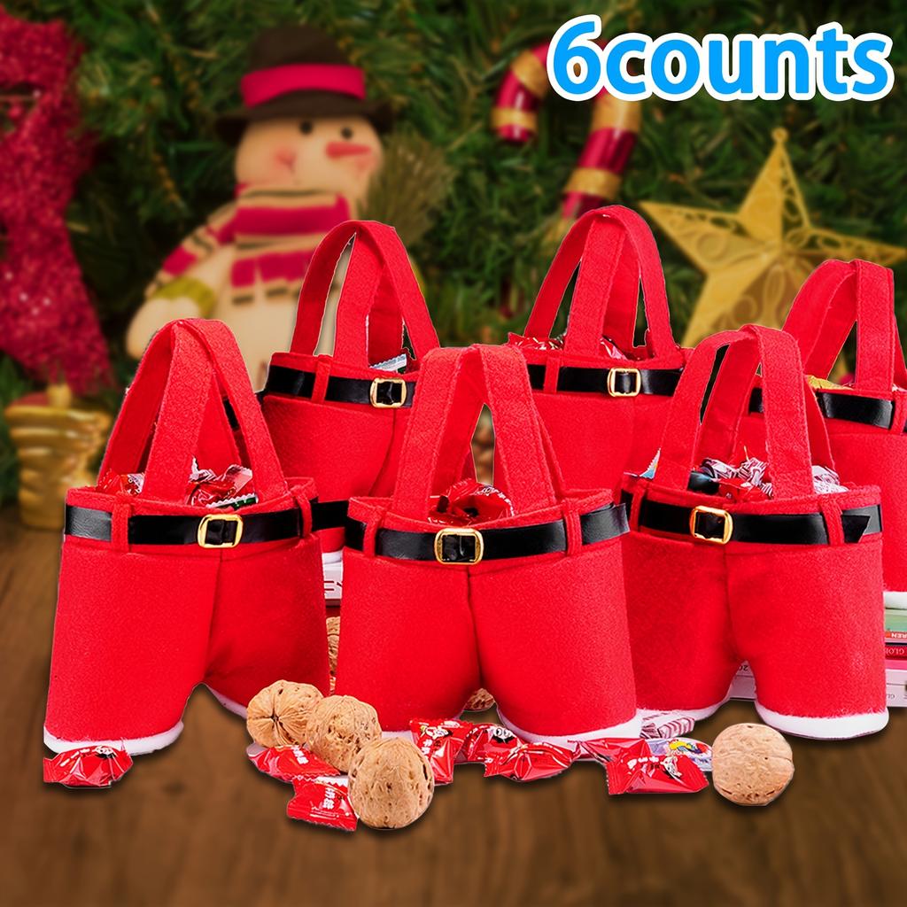 2/6pcs Santa Claus Pants Gift Bags with Golden Buckle Closure , Open Legs & Hanging Loop - Reusable Christmas Party Decorations,