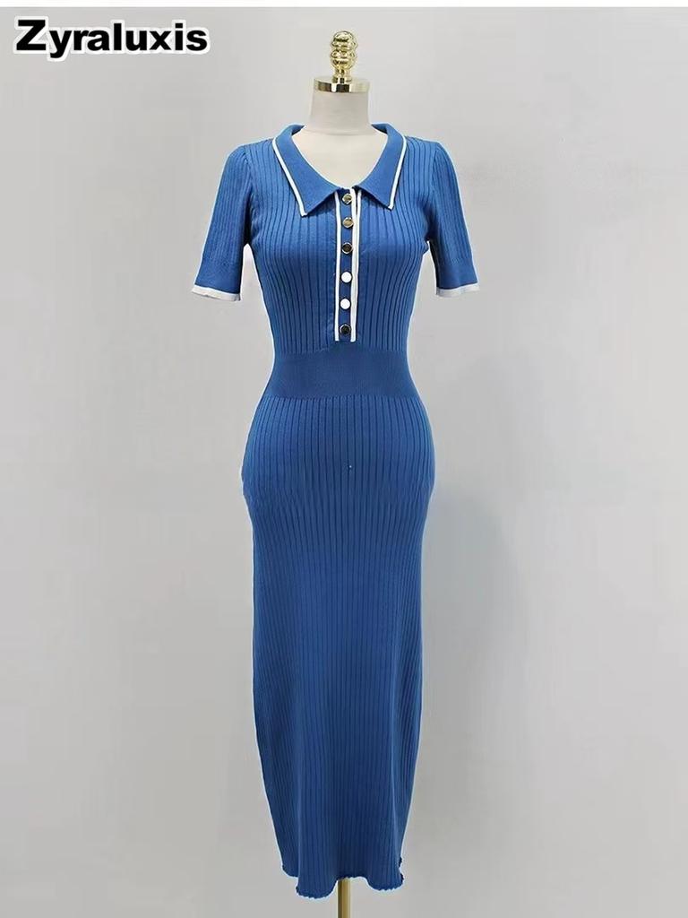 Korean Chic Retro Polka Dot Elastic Slim Fit High-Waisted Knit Bodycon Dress