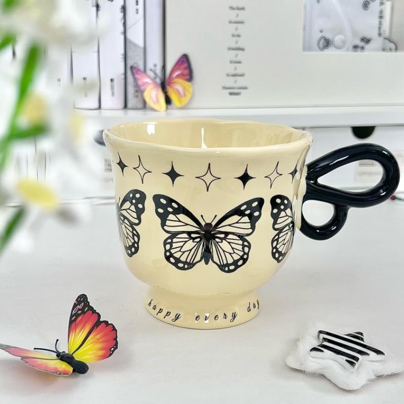 French Retro Butterfly Mug for Girls, High-end Coffee Cup, High-value Ceramic Water Cup, Birthday Gift for Girlfriends