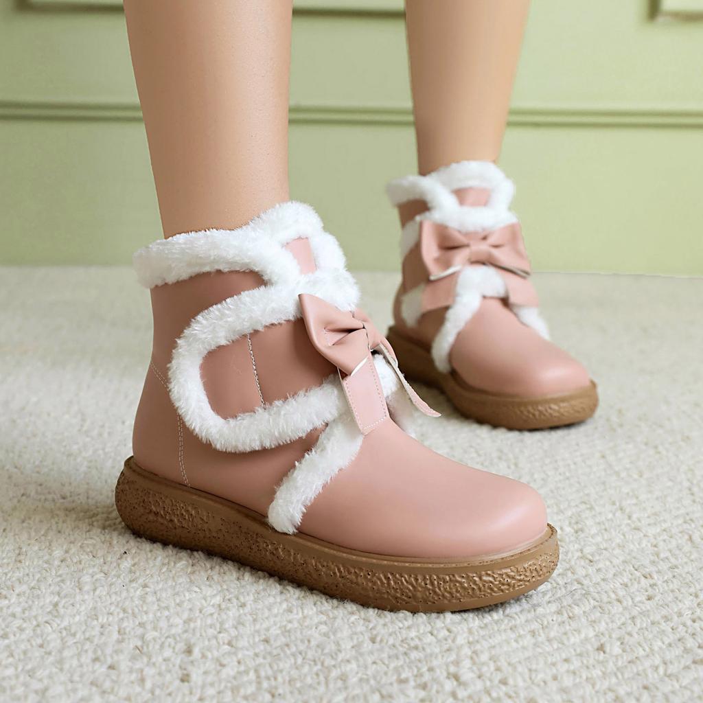 Cute Boots Women Winter Boots Lined Fashion Mid Calf Boots For Women Warm Fuzzy Boots Comfortable Womens Boots With Bowknot