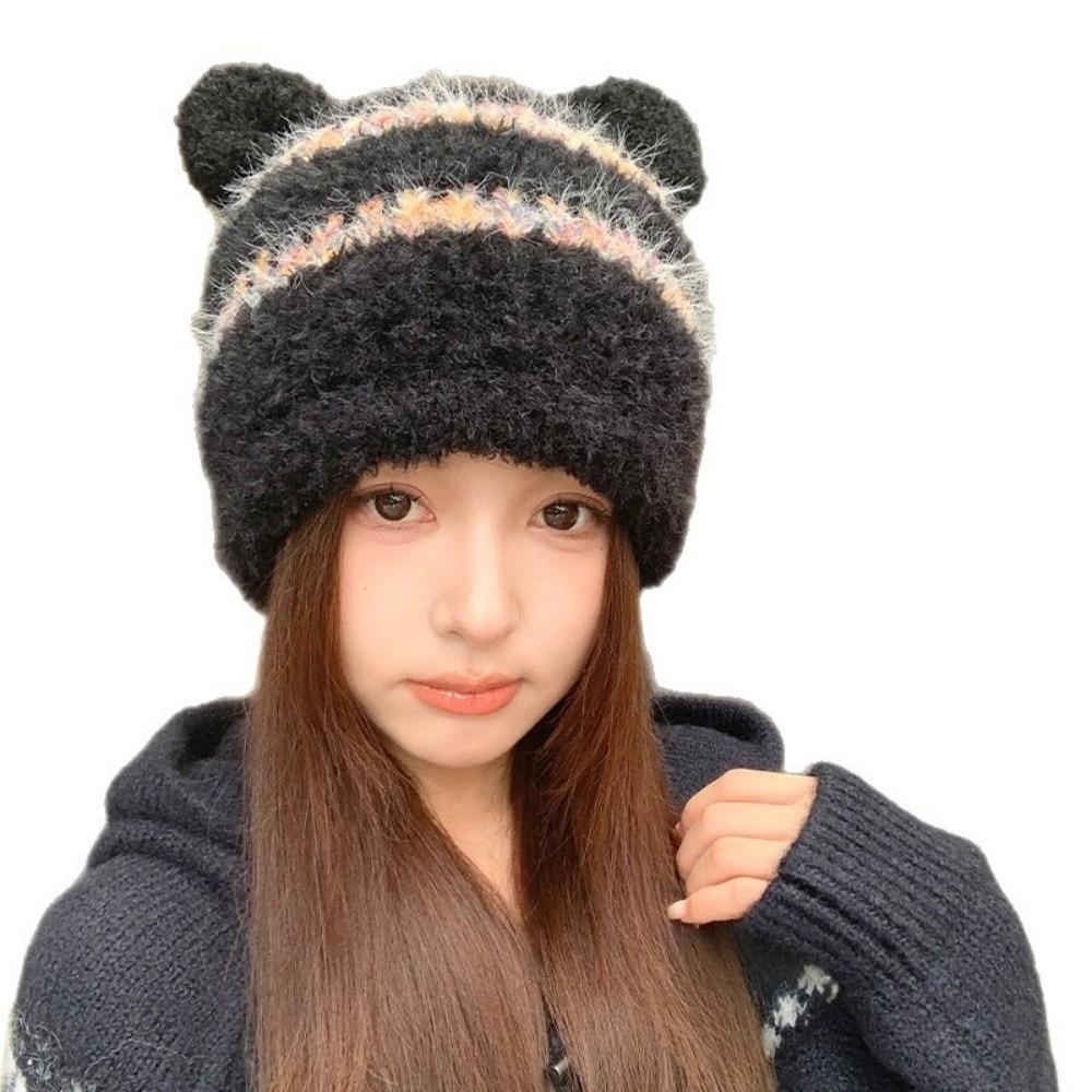 Ear Protection Fuzzy Knitted Beanie Polyester Warm Winter Hat Bear Ear Earflap Beanie Korean Style