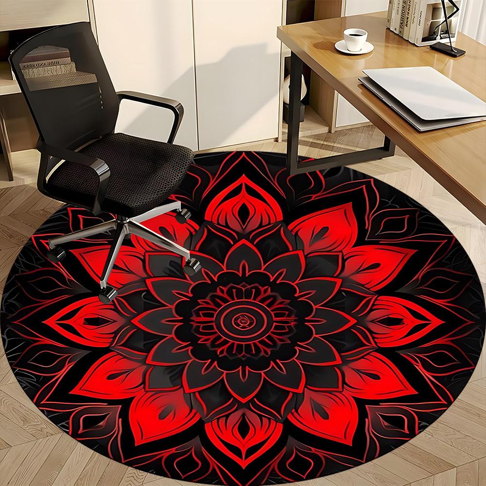1 Stück Rotes Schwarzes Mandala Muster Stuhlteppich für Büro, Runder Rutschfester Langlebiger Großer Büroteppich, Geeignet für Büro