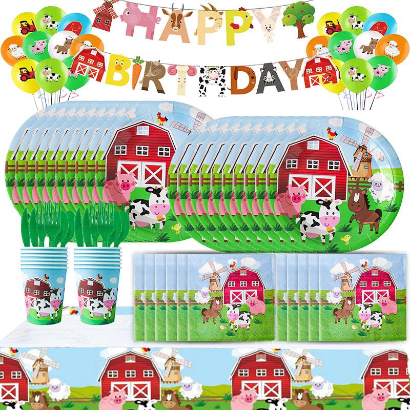 Farm Cartoon Animals Birthday Decoration Party Supplies Tableware Balloons Cup Plates Set Backdrop Banner Birthday Cake Deco Kit