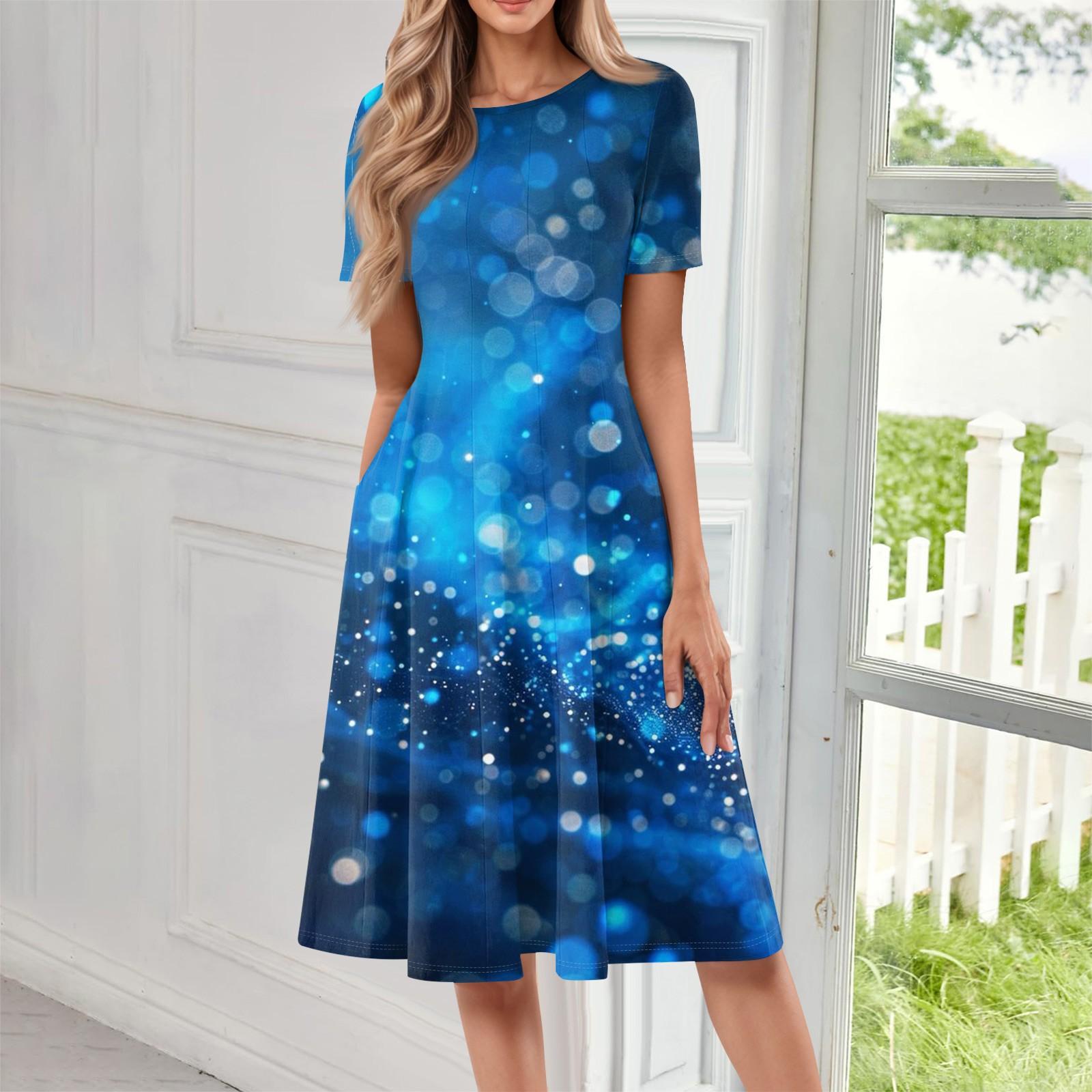 

Женское свободное повседневное и модное платье с круглым вырезом и короткими рукавами, средней длины с принтом L синий