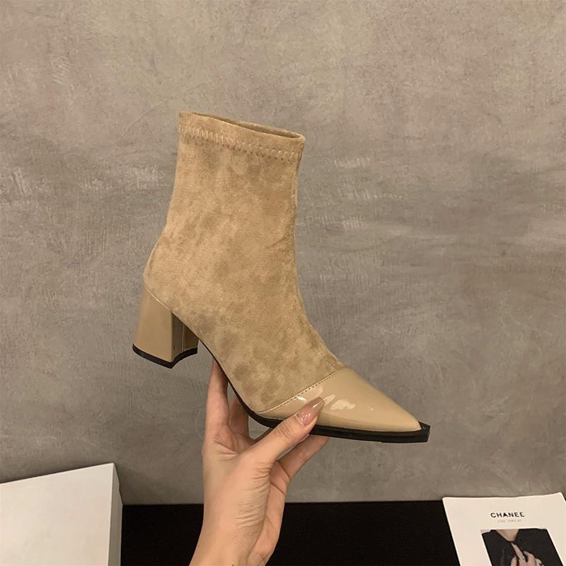 Fashion Vintage Thick Heel Pointed Toe Women Ankle Boots Autumn Winter Ladies Shoes Elegant Slip On Slim Short Booties