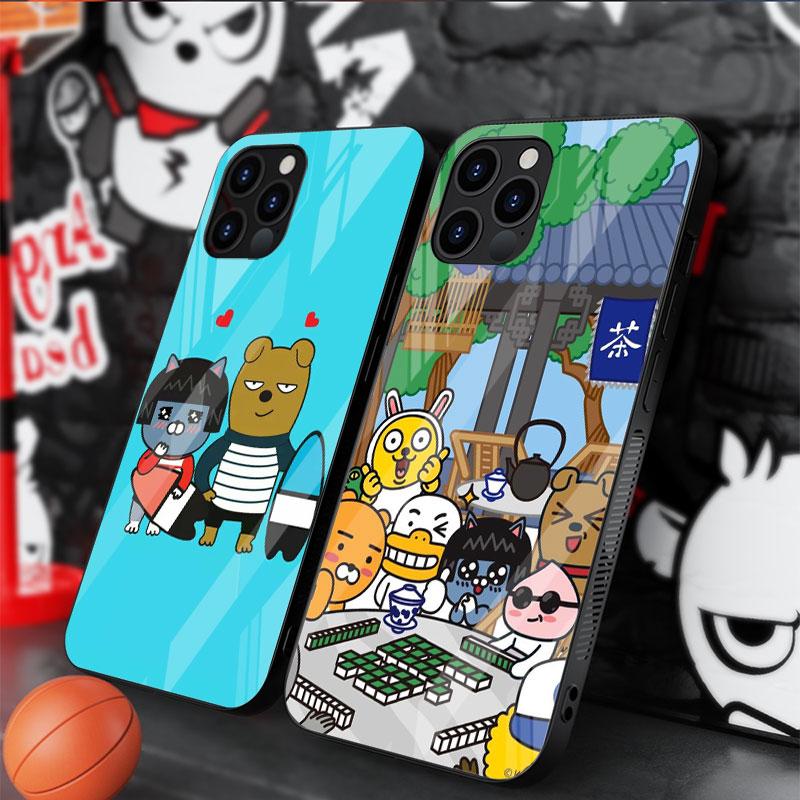 Kakao Friends Cute Glass Case For Apple iPhone 14 13 Pro 11 12 7 8 Plus SE 2022 XR X XS Max 6 6S Tempered Phone Cover Cartoon