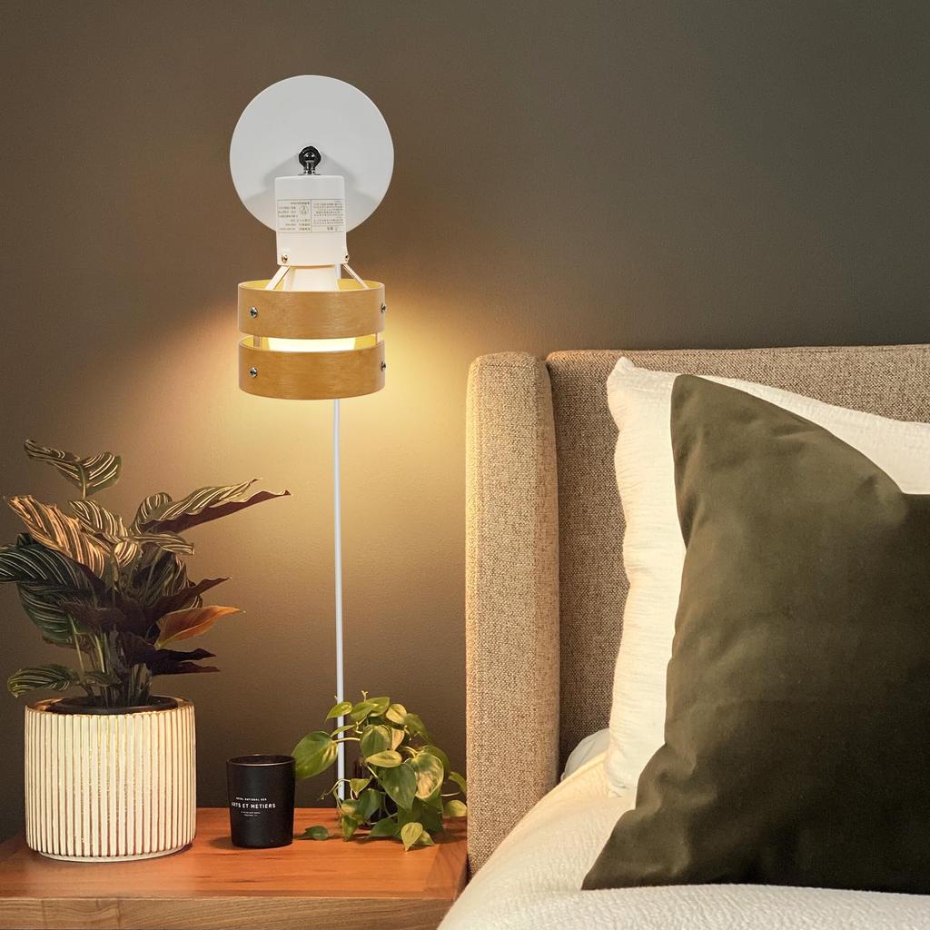 Aiwode Wall Lamp, Wood-Colored Circle, E26 Compatible, 360-Degree Rotation, Wall-Mounted Lighting with Switch, Luxury, Eye-Friendly, Energy-Saving,