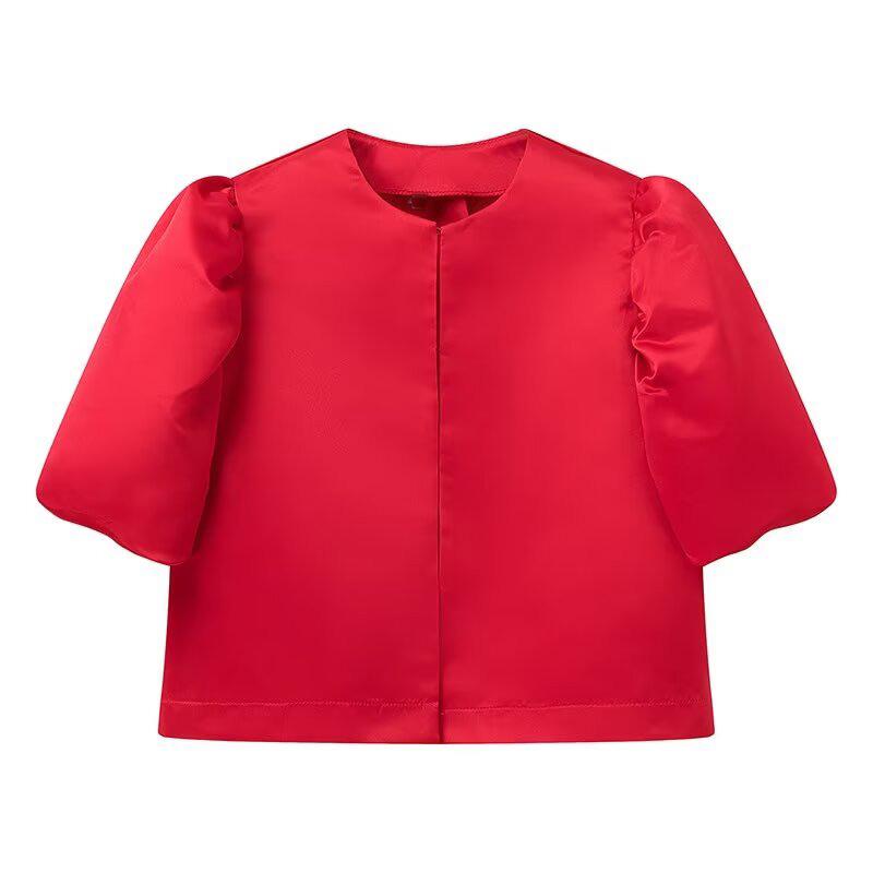 Damen Bluse Top mit Puffärmeln Einfarbig Satin Shirt Neu Frühling Sommer Damen Ärmel O Hals Locker Kurz Shirt Damen Blusen
