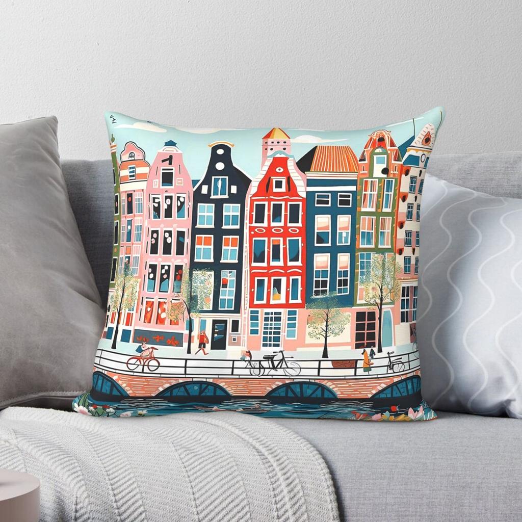 Amsterdam Canal Houses Buildings Square Pillowcase Polyester Linen Velvet Creative Zip Decorative Pillow Case Bed Cushion Cover