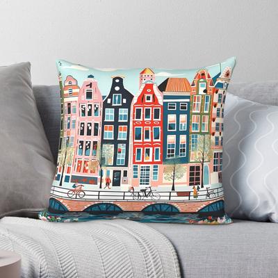 Amsterdam Canal Houses Buildings Square Pillowcase Polyester Linen Velvet Creative Zip Decorative Pillow Case Bed Cushion Cover