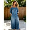 Damen schulterfreier Jumpsuit mit langen Ärmeln lockere Passform mittlere Leibhöhe Wide Leg Denim Latzhose Vintage Ins Streetwear langer Jumpsuit für Sommer Freizeit Alltagskleidung