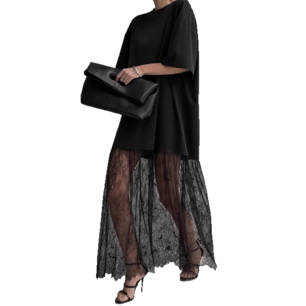 New European and American Express lace splicing mesh loose and comfortable short-sleeved dress