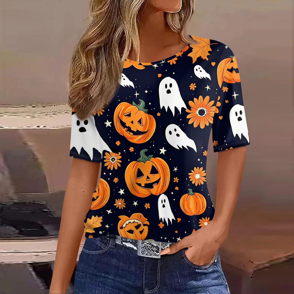 Women's Casual Short Sleeve Pullover Top Halloween Pumpkin Ghost Bat Print Round Neck Loose Fit Shirt for Autumn