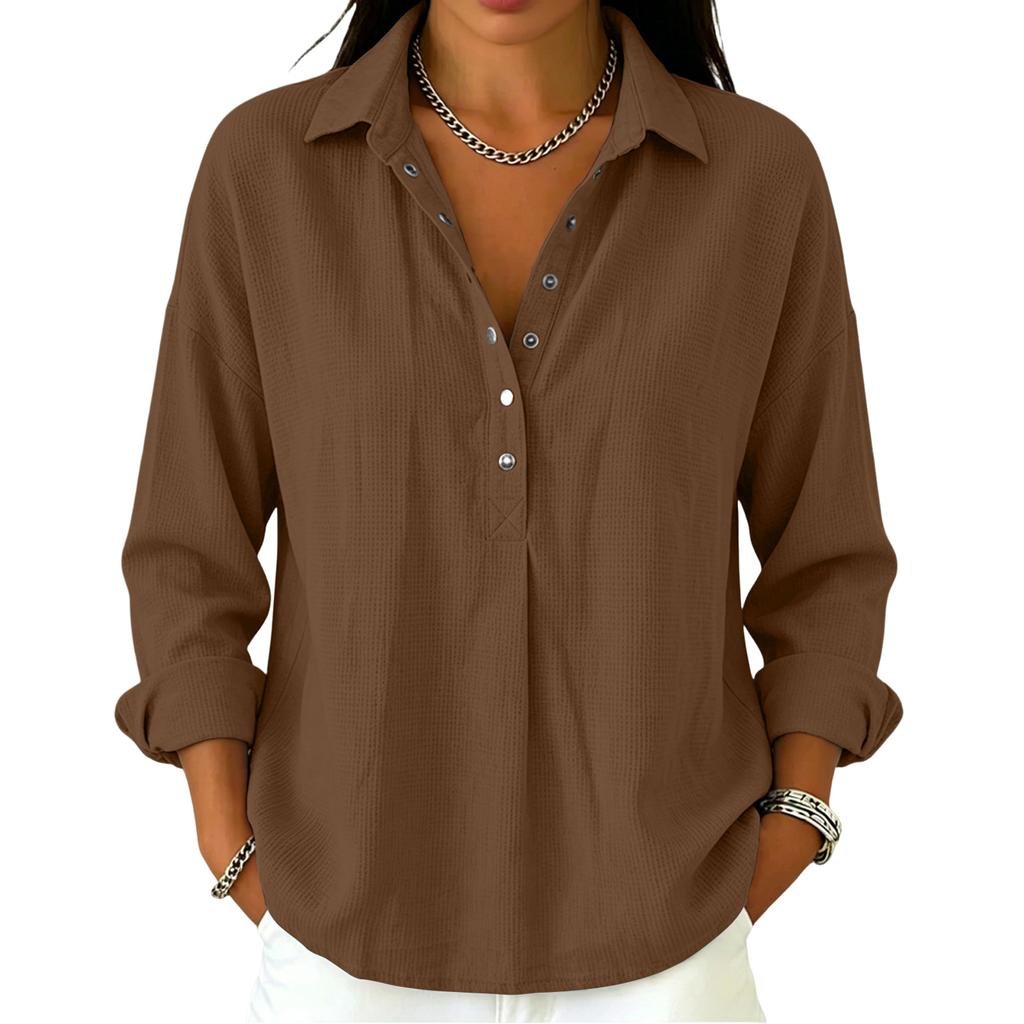 Women's Casual Long Sleeve Polo Shirt Button Front Waffle Texture Pullover Lightweight Relaxed Fit Top for Everyday Wear