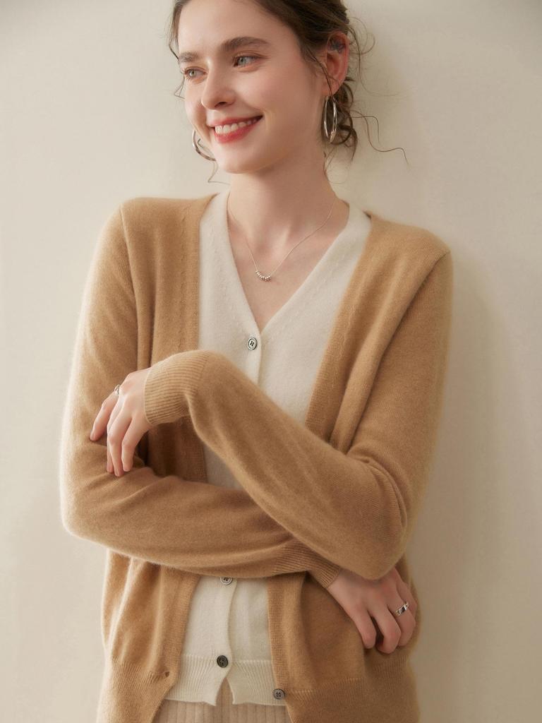 Women's V-Neck Colorblock Cashmere Cardigan Sweater - Loose Knit Autumn/Winter Top