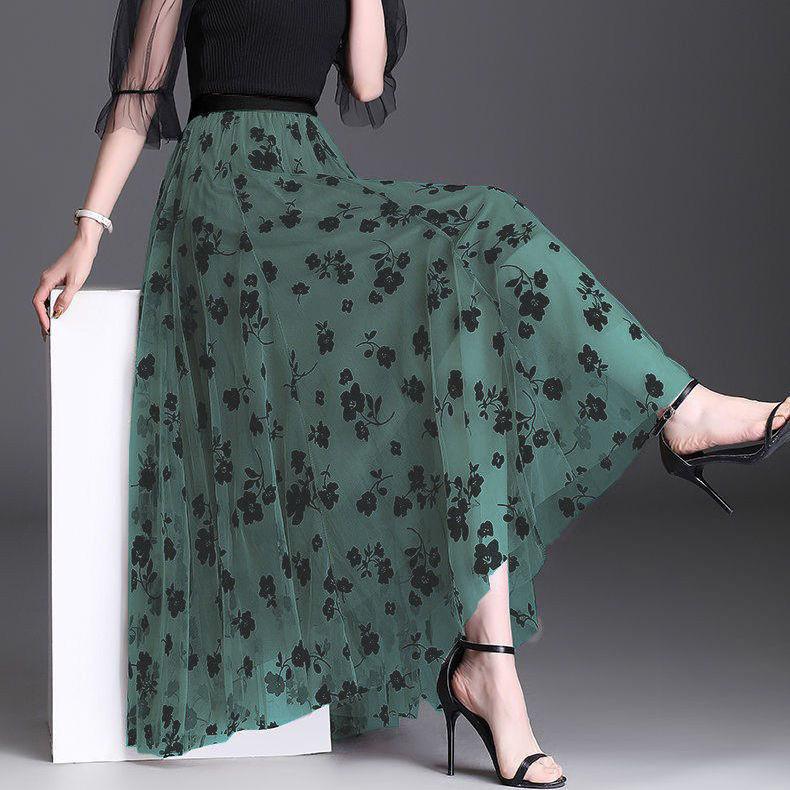 Koreańska spódnica tiulowa dla kobiet, modna, letnia, z haczykami, luźna spódnica midi w kwiaty, elegancka, kobieca, swobodna, dopasowana, siatkowa spódnica