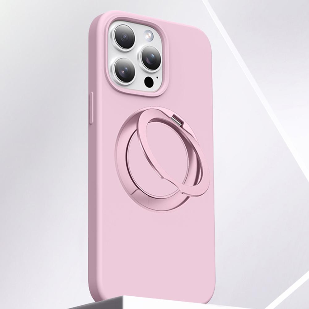 

For iPhone 15 Pro Max Case Rotating Kickstand Silicone+PC Phone Cover Pink