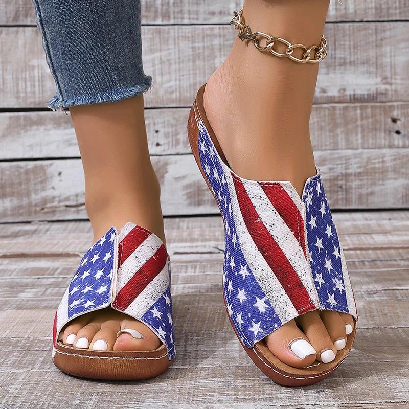 Fashion Star&stripe Platform Slippers for Women Open Toe Thick Bottom Slides Woman Summer Pu Leather Non-Slip Beach Flip Flops Female