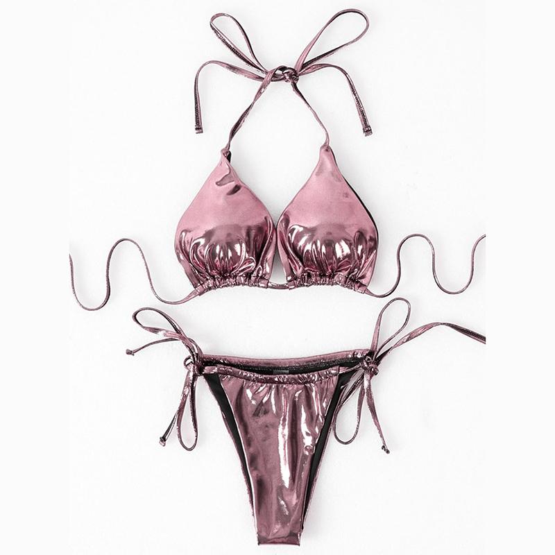 Summer Beach Holiday Three Piece Bikini Set Women Solid Shiny Halter Sexy Lace-up Swimsuit Set Women with Skirt Backless Casual Bikini Suit 24338