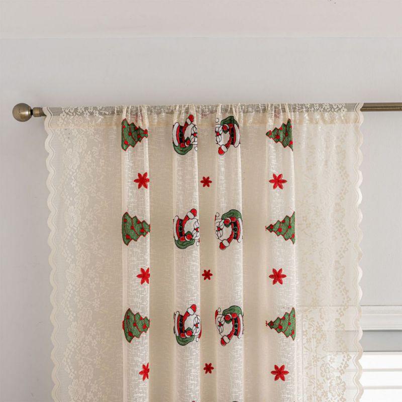 2pcs Christmas Embroidery Curtains Translucent Lace Curtains Rod Through Curtain