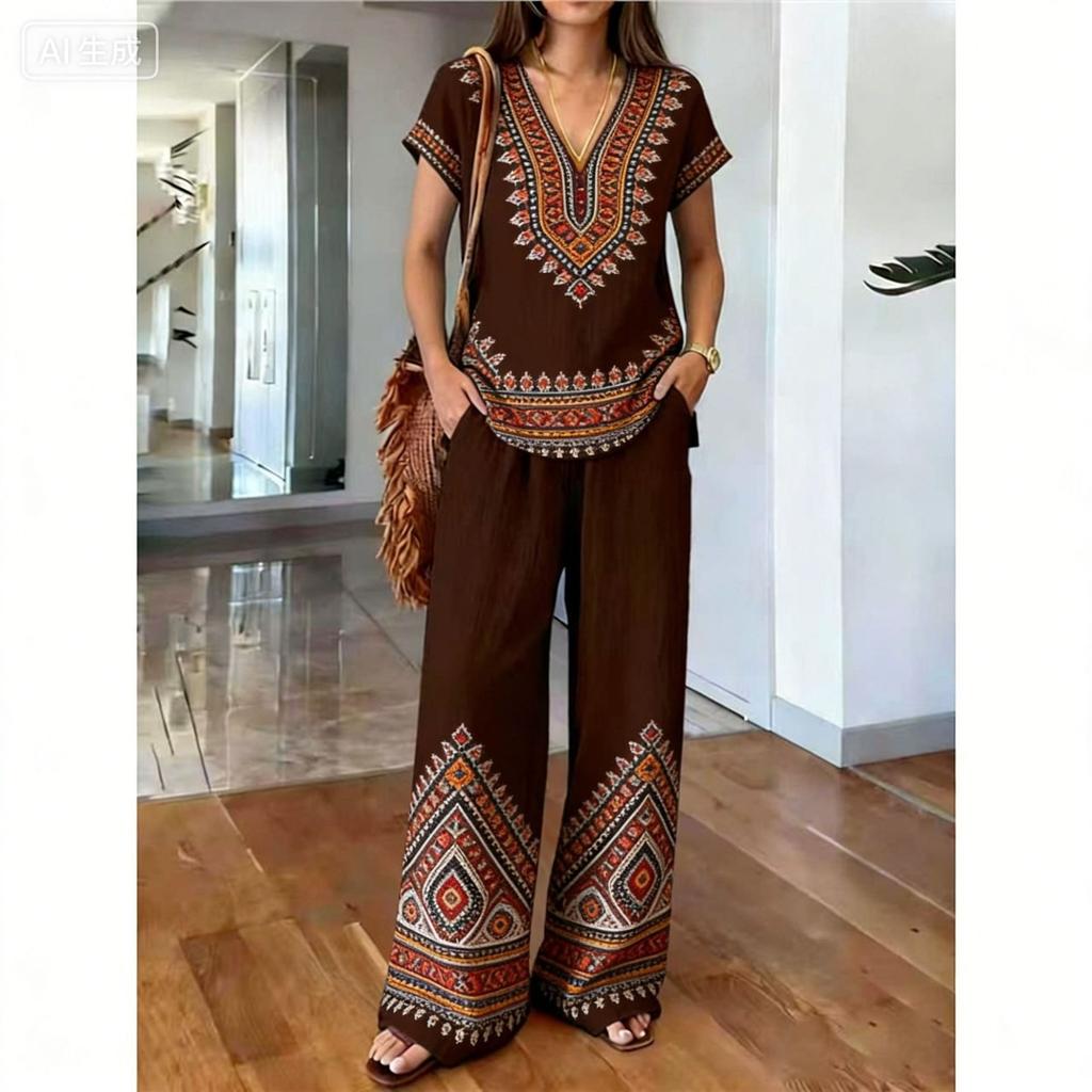 1116 New Light Luxury European and American Style Printed Two-piece Set, Printed Top, Comfortable Elastic Wide-leg Pants Women's Suit