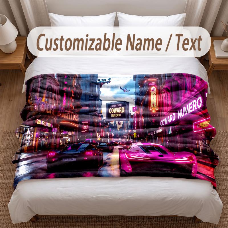 Neon Abstract Theme Soft Blanket Personalized Custom Name Text Print Warm Blanket Home Sofa Bedroom Decor
