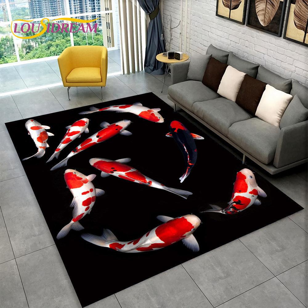 3D Pastoral Tai Chi Carp Fish Area Rug,Carpet Rug for Living Room Bedroom Sofa Doormat Decor,Kid Play Kitchen Non-slip Floor Mat