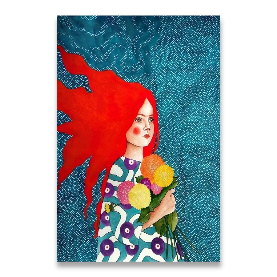 Vintage Abstract Girl Long Hair Flower Women Wall Art Canvas Painting Fashion Poster Wall Pictures For Living Room Home Decor