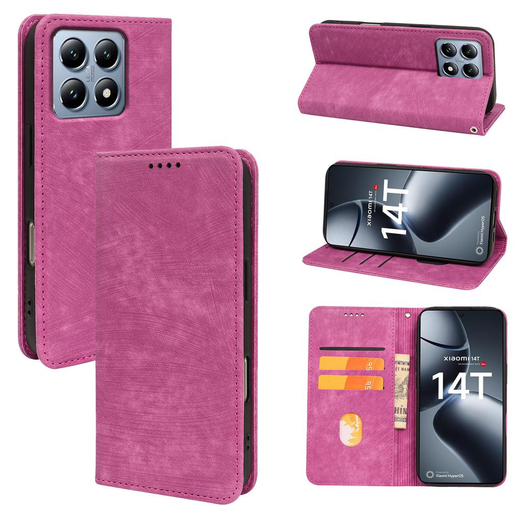 For Xiaomi 14T Case Strong Magnetic Leather Wallet Phone Cover with Striped Texture