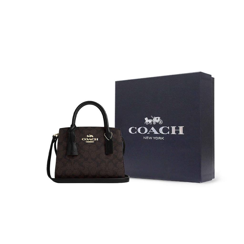 Coach Andrea Carryall 22 Logo Zip Closure Coated Canvas And Leather Shoulder Crossbody Tote Bag Small Women handbags Black CV974-IMXAQ