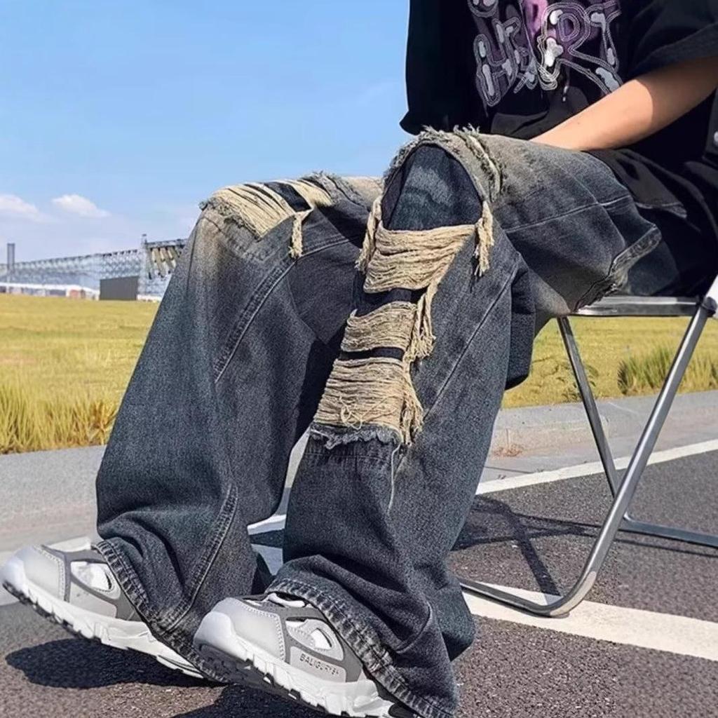 Damskie Retro Dżinsy z Szerokimi Nogawkami i Dziurami - Amerykański Styl Uliczny, Modne Spodnie Jesienne