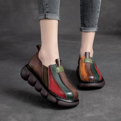 2024 Herbst 2024 Neu 2024 Ethno-Stil Retro Handgemachte Regenbogenfarbe Damen Leder Dicke Sohle Kuchen und Freizeitschuhe