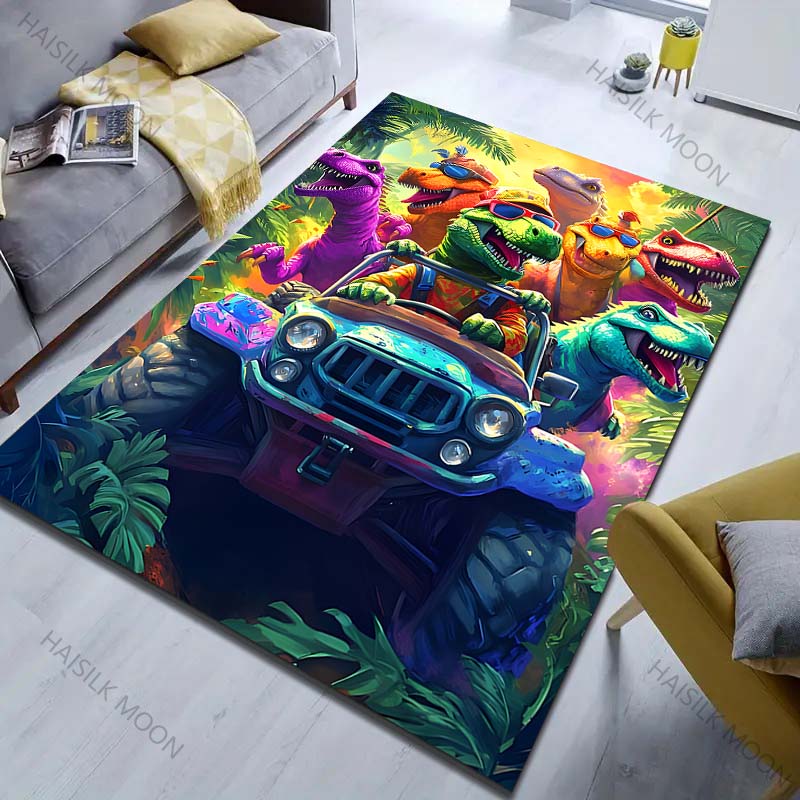 A Group of Dinosaur Cars Print Cartoon Carpet for Bedroom Living Room Bedside Sofa Floor Mat Modern Home Decor Area Rug