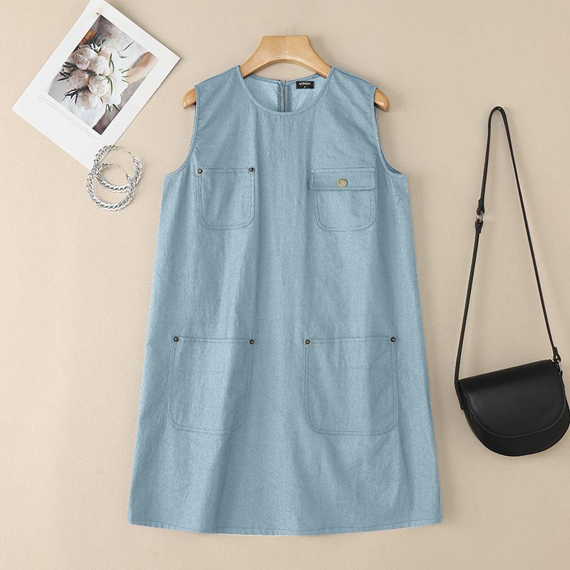 VONDA Women O Neck Sleeveless Decorative Pocket Casual Mini Tank Dress