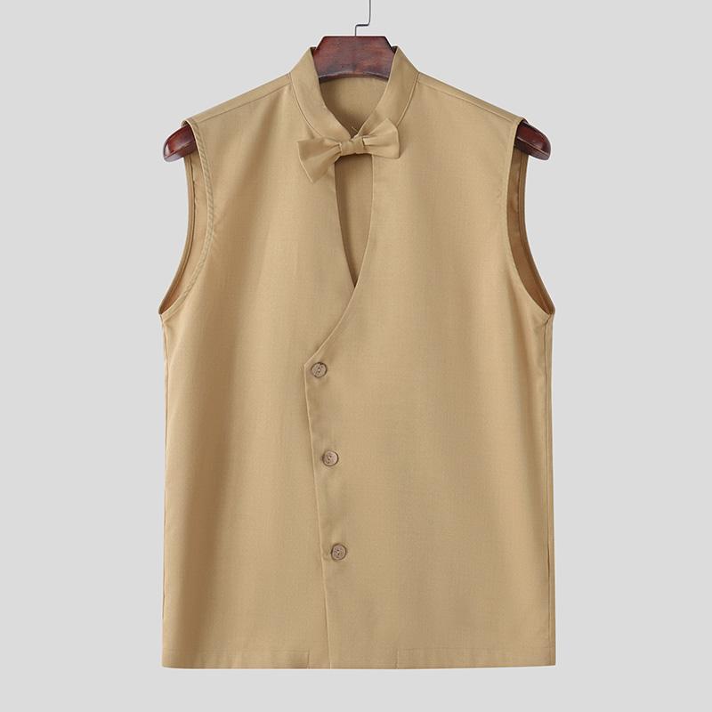 

INCERUN Summer Men Bow Knot Cutout Neck Sleeveless Oblique Buttons Tank Tops 4XL
