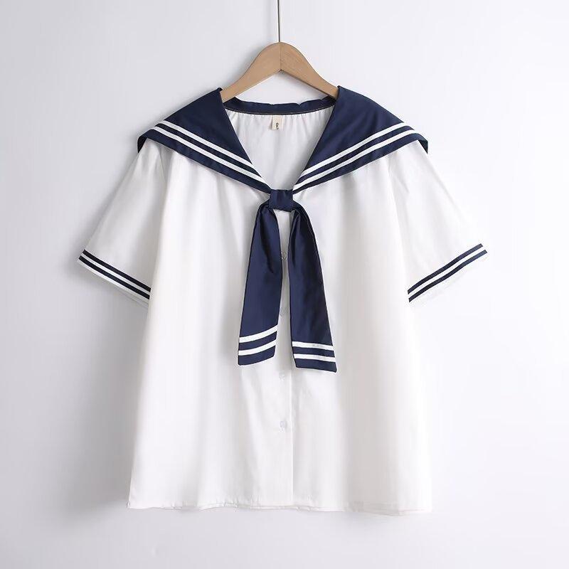 Blusas de Algodón de Alta Calidad para Mujer Verano Kawaii Camisas Harajuku Cuello Marinero Blusa Azul Marino Manga Corta Rayada JK Universitaria Chic Top