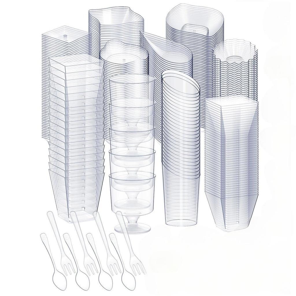 450pcs Transparent  Plates Dessert Cups Spoon Fork Set Multi-Shape Plastic Ice Cream Cups Disposable Tableware Party Dining Accessories