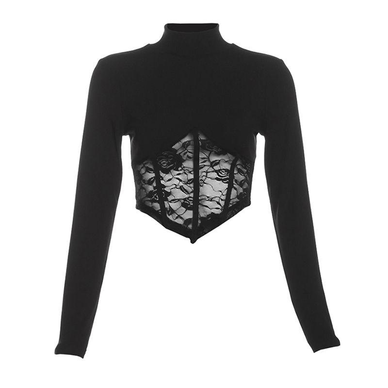 

Странная киска Сексуальный дизайн пэчворк из кружева Полувысокий воротник Футболка с длинными рукавами Юбка с оборками на бедрах Комплект из двух предметов Black Tops S