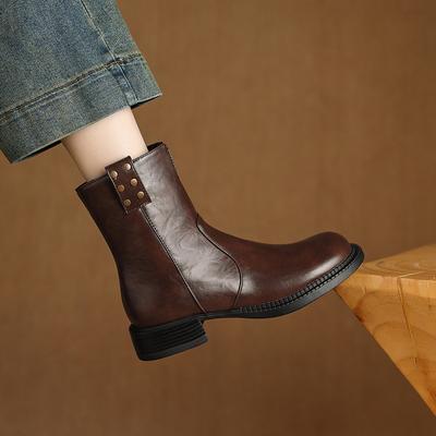 Damen Retro Rundkopf Westernstiefel Dicker Absatz Kurze Stiefel Damen Herbst Neuer Stil Seitenreißverschluss Niedriger Absatz Dünne Stiefel