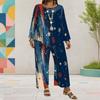 Women Plus Size Round Neck Long Sleeve Printed Top And Wide Leg Pants Two Piece Set