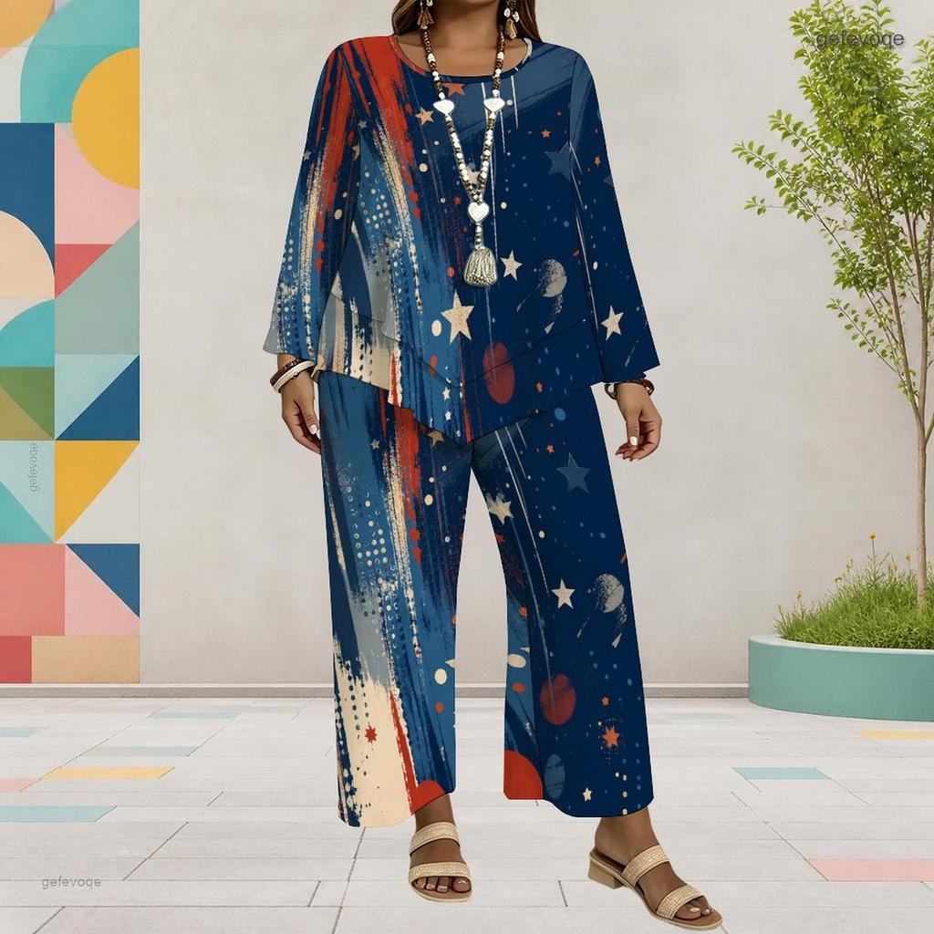 Women Plus Size Round Neck Long Sleeve Printed Top And Wide Leg Pants Two Piece Set