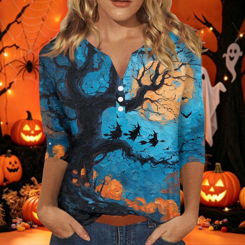 Women's Halloween Print V-Neck Short Sleeve T-Shirt with Decorative Buttons for Casual Fall Outfits